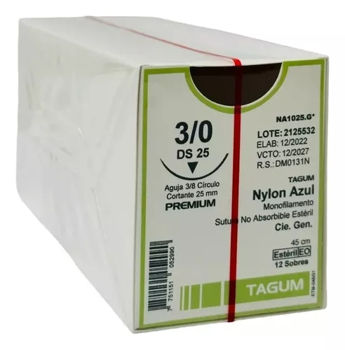 [NA1025.G*] Sutura monofilamento de nylon azul, Calibre 3-0, Longitud 45 cm, Aguja 3/8 círculo cortante