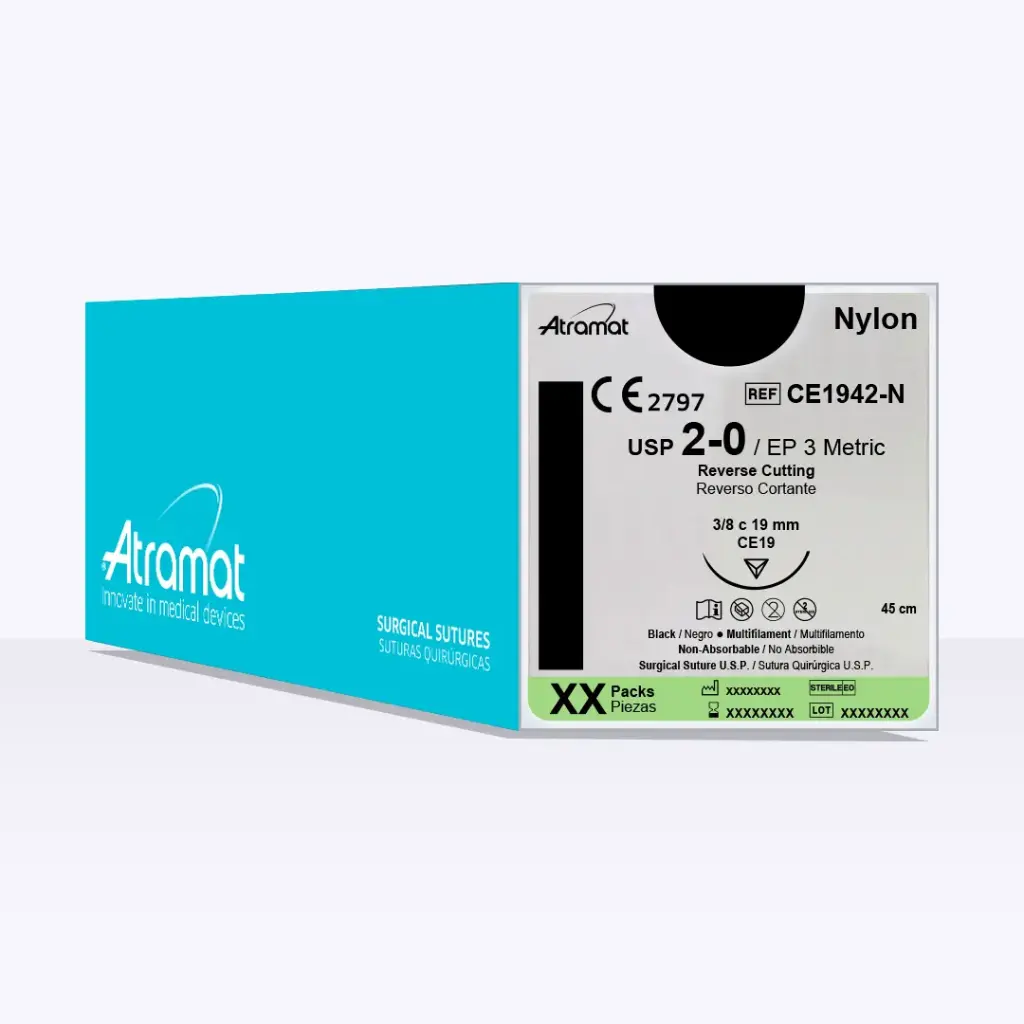[CE1942-75N] Sutura monofilamento de nylon, Calibre 2-0, Longitud 45 cm, Aguja 3/8 círculo cortante (copia)
