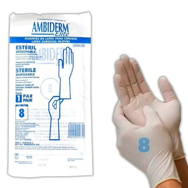 [0876C2024-8] Guantes de látex para cirugía estéril talla 8 C/1 par