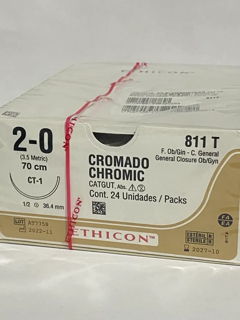 [811T] Catgut crómico sutura calibre 2-0, longitud 70 cm, aguja CT-1 ahusada C/12