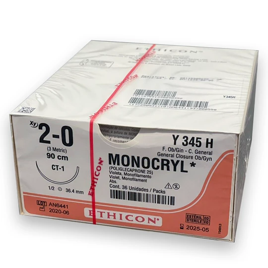 [Y345H] Monocryl sutura calibre 2-0, longitud 90 cm, aguja CT-1 ahusada C/12