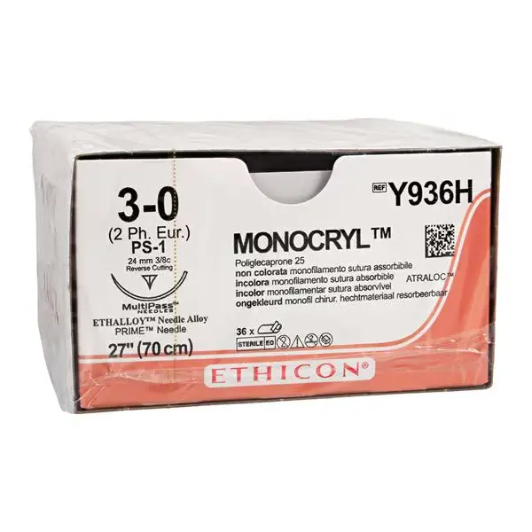 Monocryl sutura calibre 3-0, longitud 70 cm, aguja PS-1 ahusada C/12