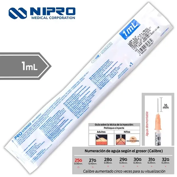 Jeringa 1ml c/aguja 25Gx16mm (Tuberculina) C/1