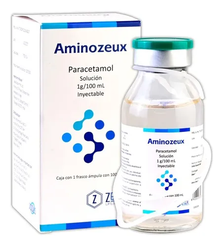 Aminozeux solución inyectable 1g/100ml (Paracetamol) 120ml (AMINOZEUX Sol. Iny. c/1 FCO. AMP. 1 G/100 ML. Genérico: Paracetamol 1000mg.