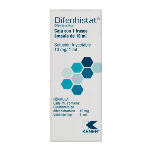 Difenhistat solución inyectable 10mg/1ml (Difenhidramina) C/1  (DIFENHISTAT Sol. Iny. c/1 FCO. AMP. 10 ML. 10 MG/1 ML. Genérico: Difenhidramina