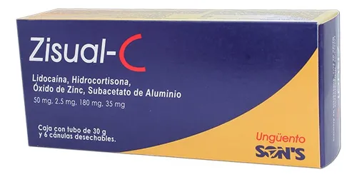 Zisual-C ungüento 5% (Lidocaína/Hidrocortisona) 30g ( TUBO c/30 G. 50-2.5-180-35 MG/1 G. y 6 Aplics. Genérico: Lidocaína + 