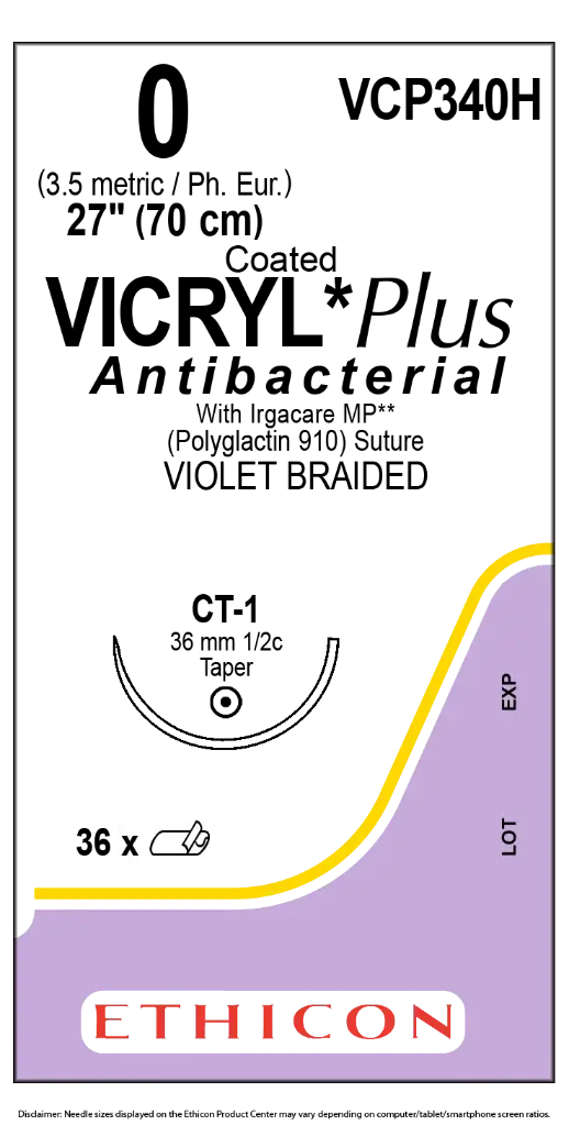 [VCP340H] Vicryl Plus sutura calibre 0, longitud 70 cm, aguja CT-1 C/12
