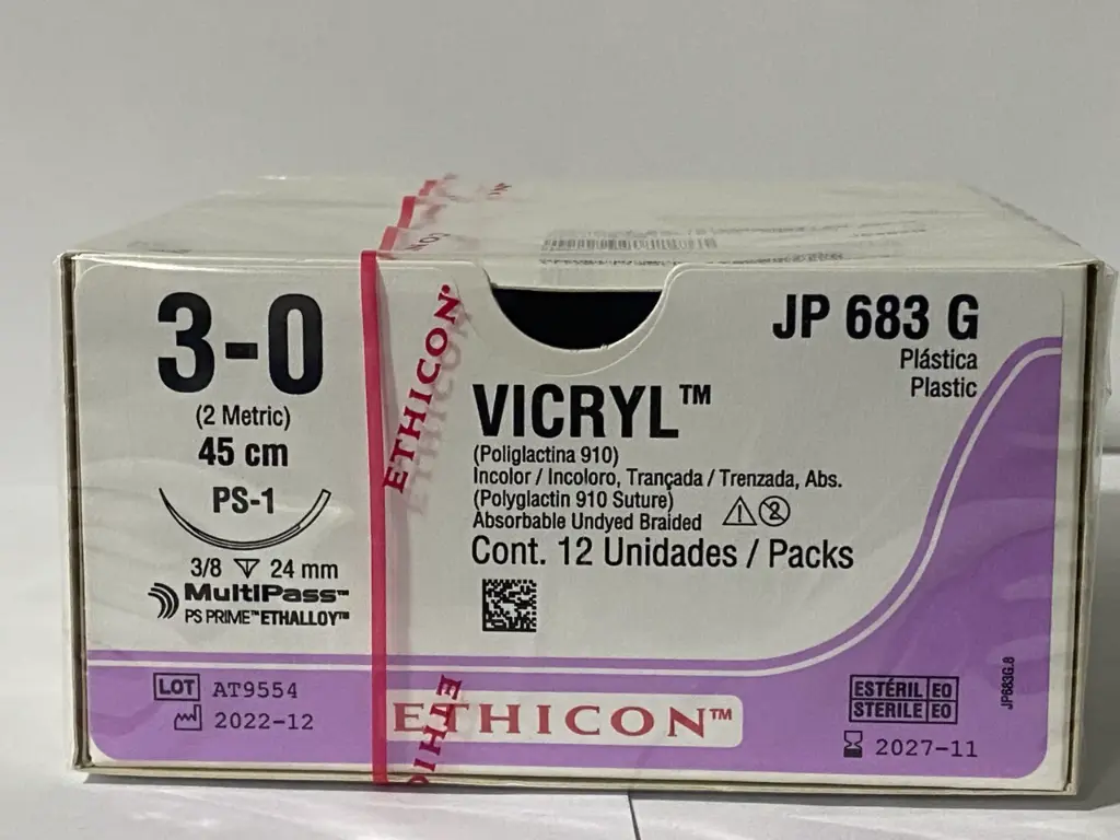 [JP683] Vicryl sutura calibre 3-0, longitud 45 cm, aguja PS-1 ahusada C/12