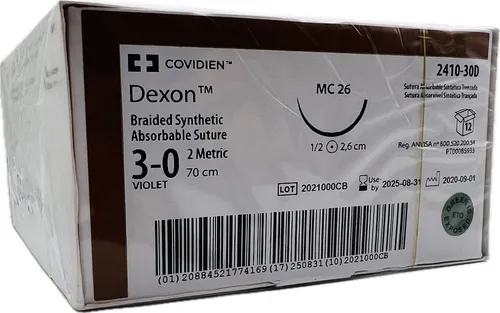 [2410-30D] Ácido poliglicólico Dexon sutura calibre 3-0, longitud 70 cm, aguja MC 26 ahusada C/12