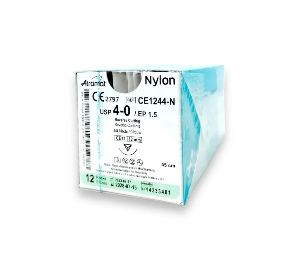 Sutura monofilamento de nylon, calibre 4-0, longitud 45 cm, aguja 3/8 círculo cortante C/12