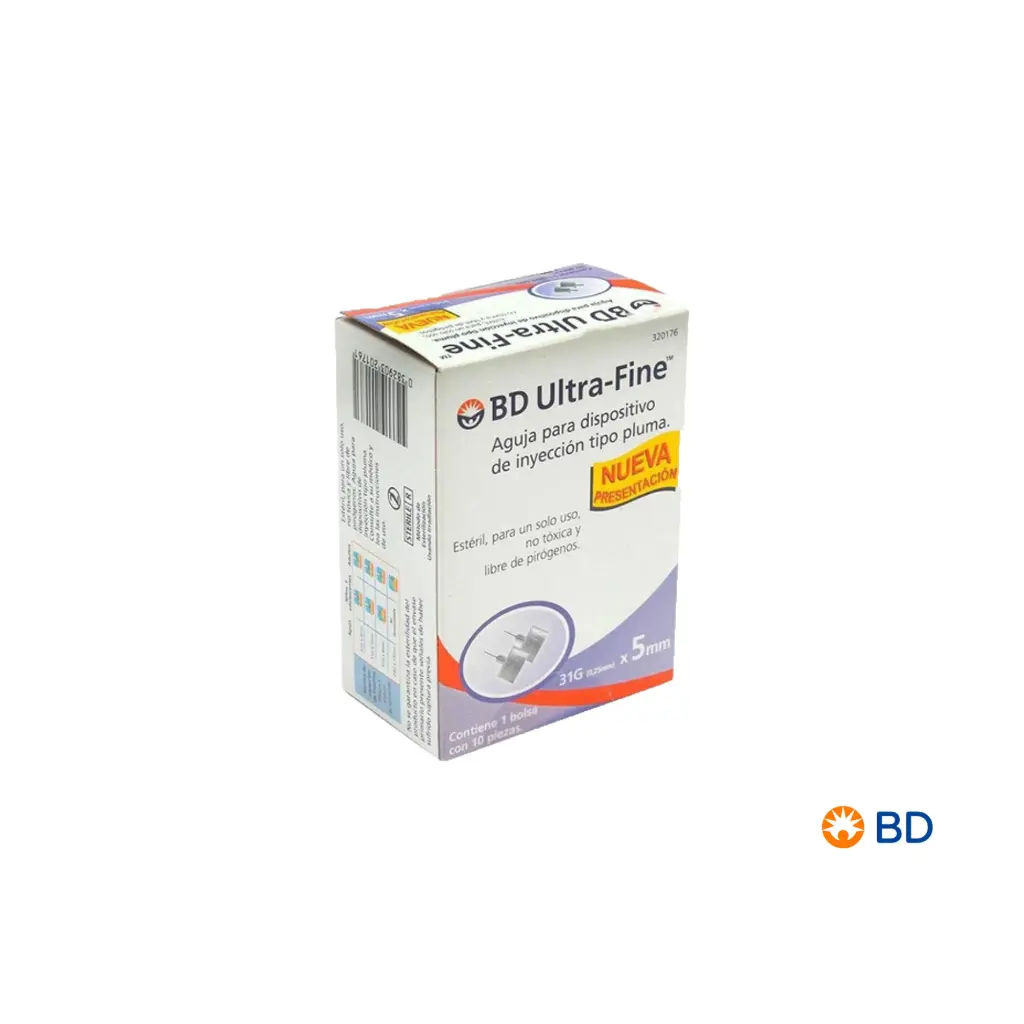 Ultra-Fine aguja p/dispositivo tipo pluma de lápiz 31Gx5mm C/10
