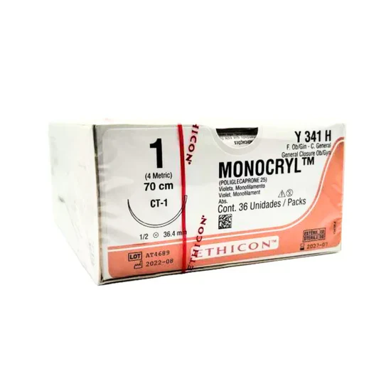 [Y341] Monocryl sutura calibre 1-0, longitud 70 cm, aguja CT-1 ahusada C/12