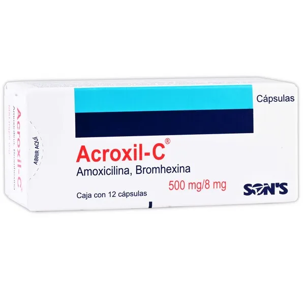 [546M2003] Acroxil-C cápsulas 500/125mg (Amoxicilina/Ácido Clavulánico) C/10 (copia)ACROXIL-C c/12 CAPS. 500-8 MG. Genérico: Bromhexina + Amoxicilina (