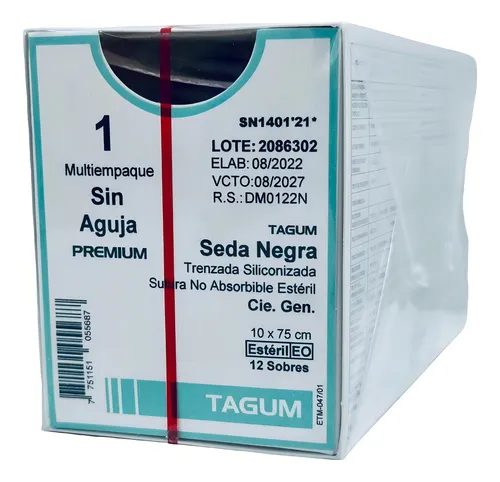 [SN1401´21] Sutura seda negra trenzada, calibre 1, longitud 75 cm, aguja 1/2 círculo ahusada C/12