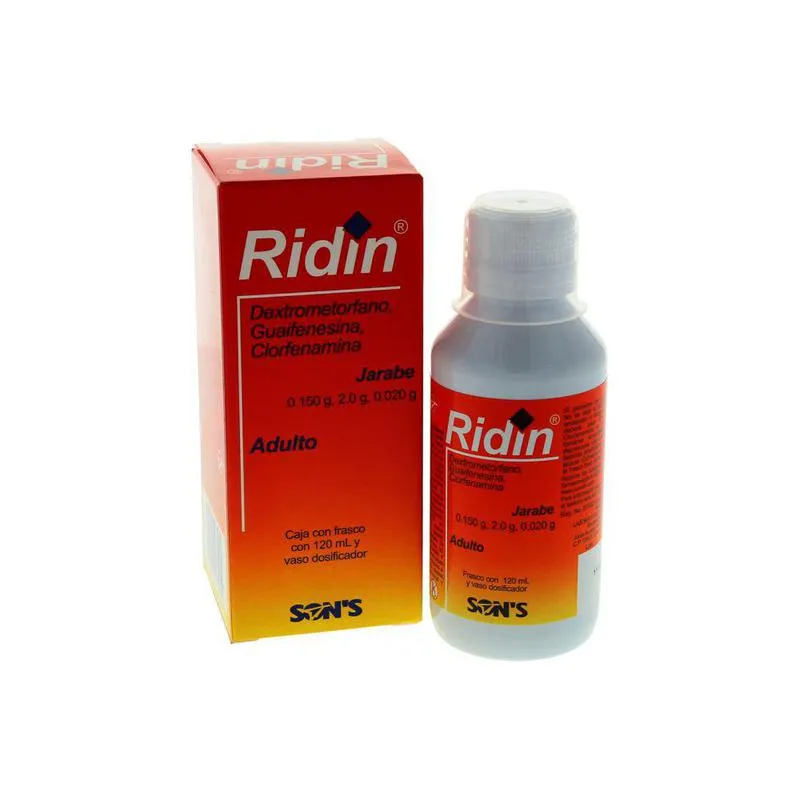 Ridin jarabe adulto 0.150-2.0-0.020g/100ml (Dextrometorfano/Guaifenesina/Clorfenamina) 120ml