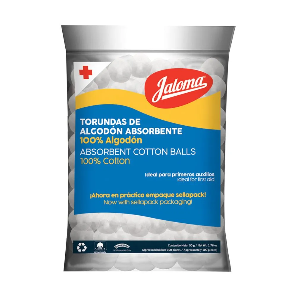 [2101C2016] Algodón torundas 500g (TORUNDAS de ALGODÓN ABSORBENTE (Jaloma) Bolsa c/100 Pzs. (50g). Algodón torundas